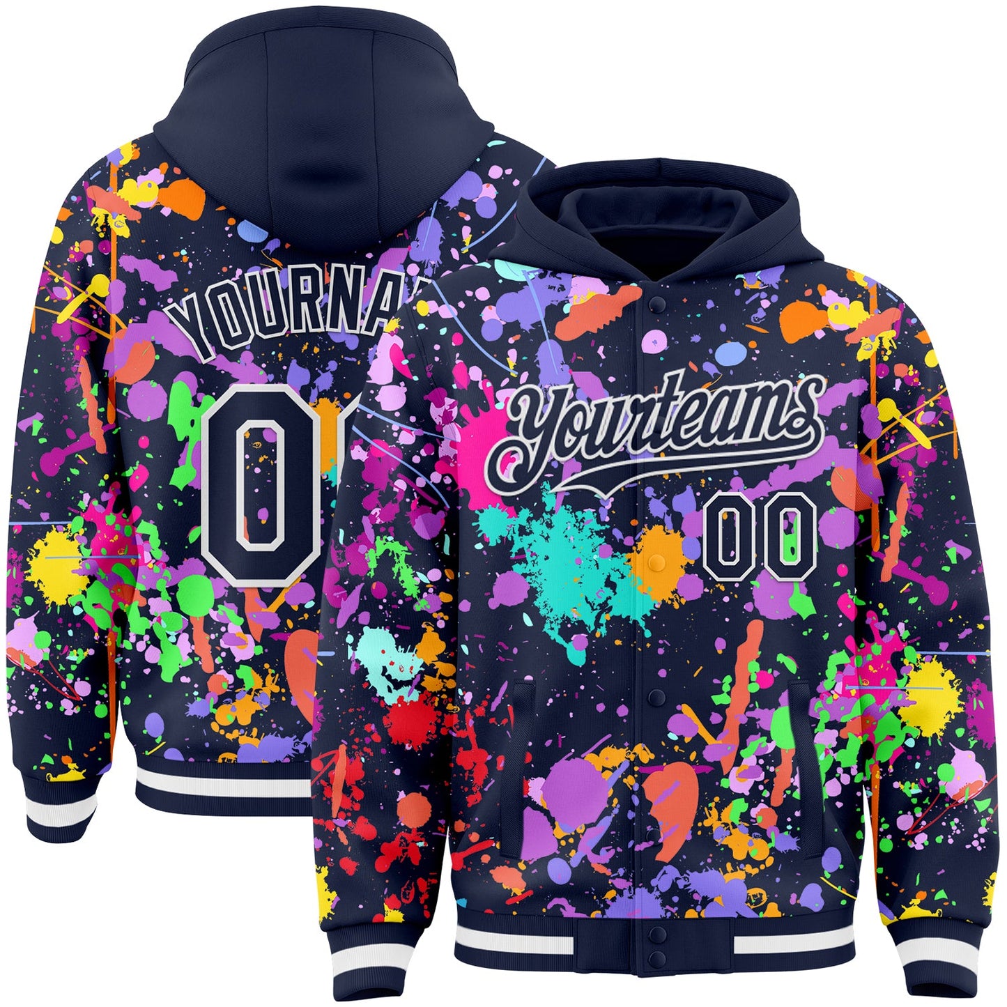 Custom Graffiti Pattern Navy-White Splash Bomber Full-Snap Varsity Letterman Hoodie Jacket - Main View