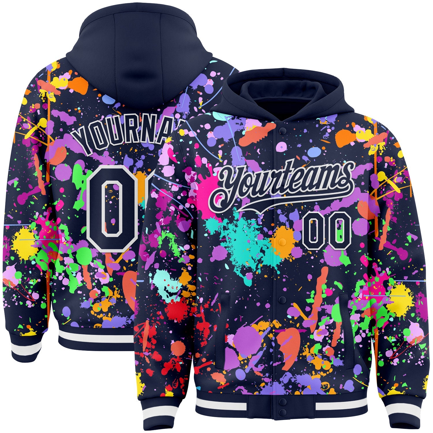 Custom Graffiti Pattern Navy-White Splash Bomber Full-Snap Varsity Letterman Hoodie Jacket - Main View