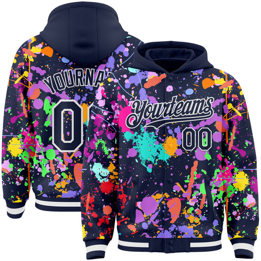 Custom Graffiti Pattern Navy-White Splash Bomber Full-Snap Varsity Letterman Hoodie Jacket - Main View