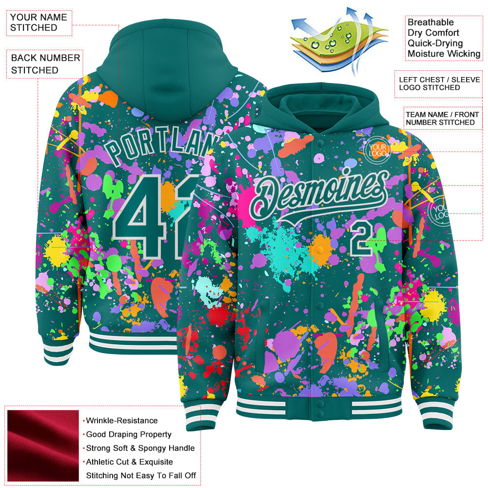 Custom Graffiti Pattern Teal-White Splash Bomber Full-Snap Varsity Letterman Hoodie Jacket view 4