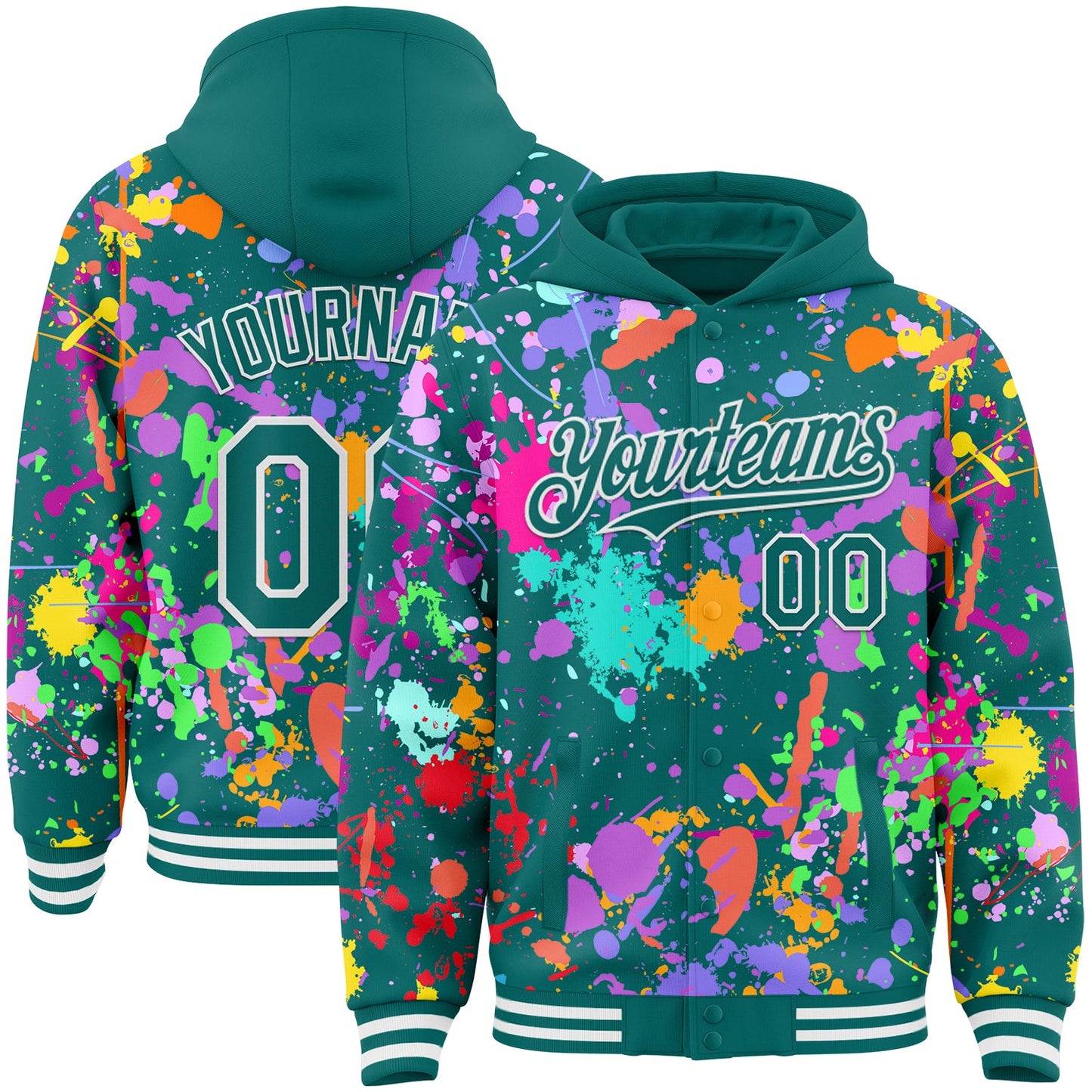 Custom Graffiti Pattern Teal-White Splash Bomber Full-Snap Varsity Letterman Hoodie Jacket - Main View
