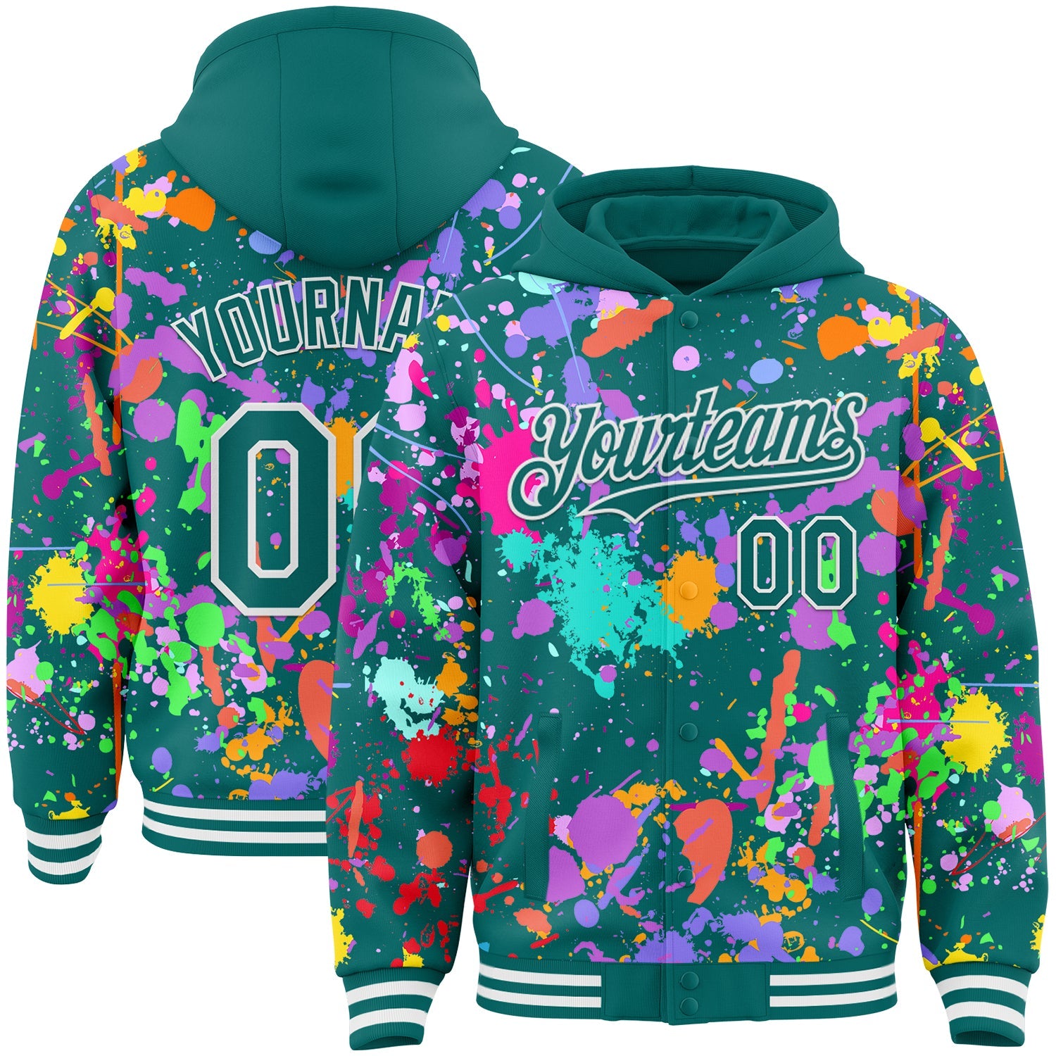 Custom Graffiti Pattern Teal-White Splash Bomber Full-Snap Varsity Letterman Hoodie Jacket - Main View