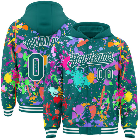 Custom Graffiti Pattern Teal-White Splash Bomber Full-Snap Varsity Letterman Hoodie Jacket - Main View