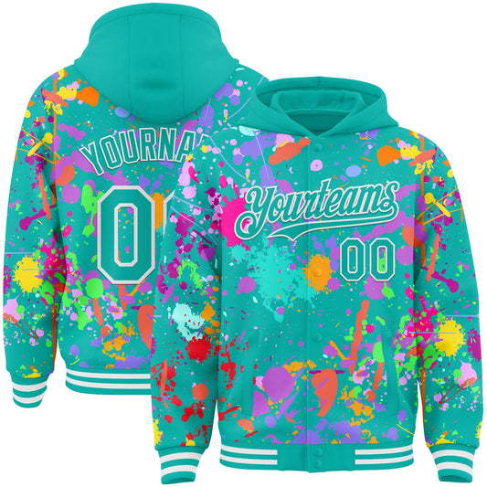 Custom Graffiti Pattern Aqua-White Splash Bomber Full-Snap Varsity Letterman Hoodie Jacket - Main View