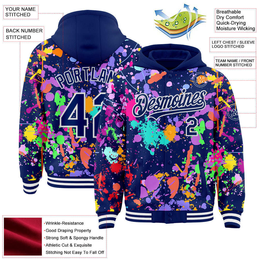 Custom Graffiti Pattern Royal-White Splash Bomber Full-Snap Varsity Letterman Hoodie Jacket view 4