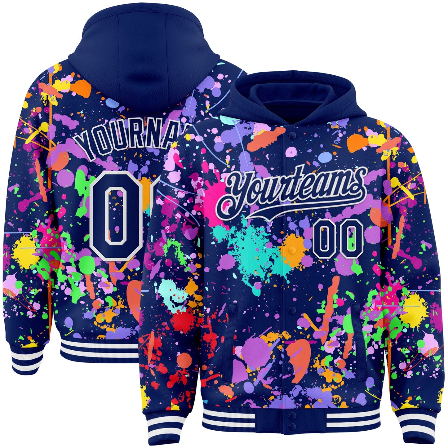 Custom Graffiti Pattern Royal-White Splash Bomber Full-Snap Varsity Letterman Hoodie Jacket - Main View
