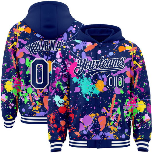 Custom Graffiti Pattern Royal-White Splash Bomber Full-Snap Varsity Letterman Hoodie Jacket - Main View