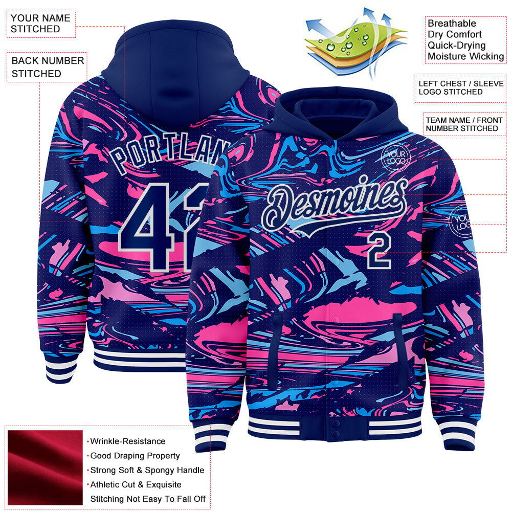 Custom Figure Royal Pink Light Blue-White Fluid Pattern Bomber Full-Snap Varsity Letterman Hoodie Jacket view 4