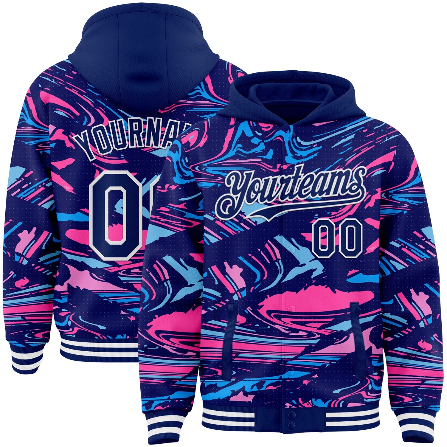 Custom Figure Royal Pink Light Blue-White Fluid Pattern Bomber Full-Snap Varsity Letterman Hoodie Jacket - Main View