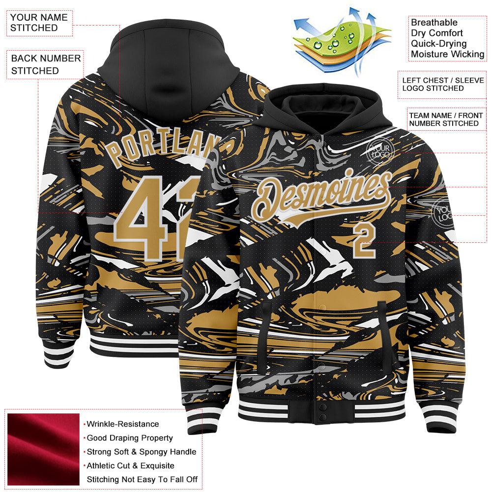 Custom Figure Old Gold Black-White Fluid Pattern Bomber Full-Snap Varsity Letterman Hoodie Jacket view 4