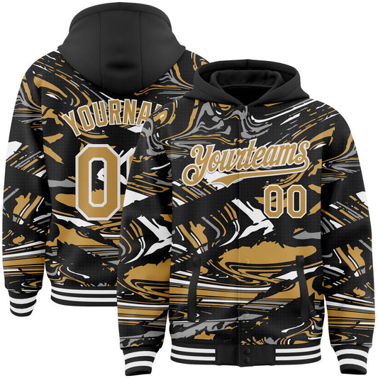 Custom Figure Old Gold Black-White Fluid Pattern Bomber Full-Snap Varsity Letterman Hoodie Jacket - Main View