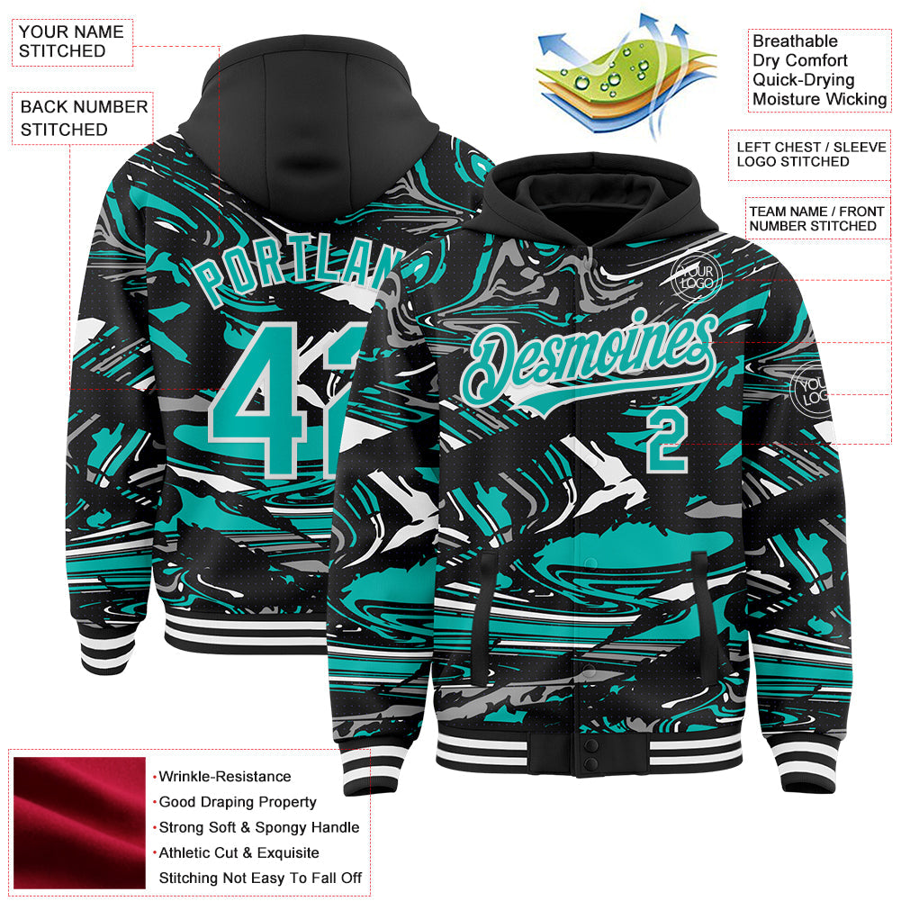 Custom Figure Aqua Black-White Fluid Pattern Bomber Full-Snap Varsity Letterman Hoodie Jacket view 4