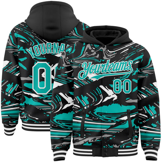 Custom Figure Aqua Black-White Fluid Pattern Bomber Full-Snap Varsity Letterman Hoodie Jacket - Main View