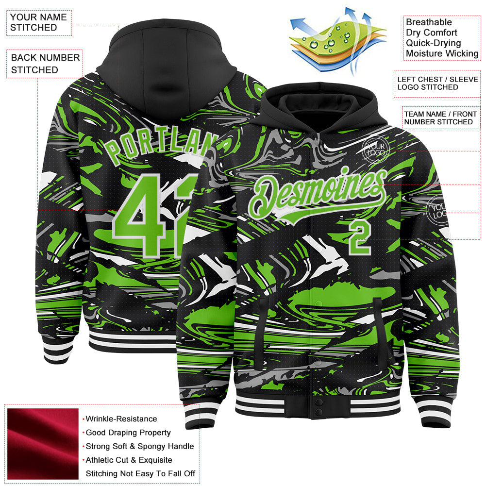 Custom Figure Aurora Green Black-White Fluid Pattern Bomber Full-Snap Varsity Letterman Hoodie Jacket view 4