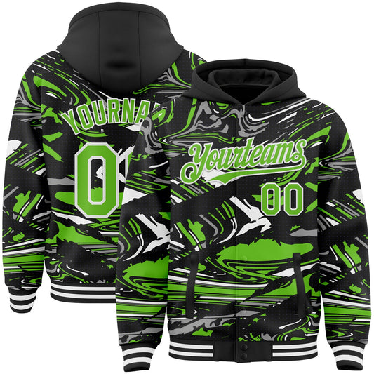 Custom Figure Aurora Green Black-White Fluid Pattern Bomber Full-Snap Varsity Letterman Hoodie Jacket - Main View