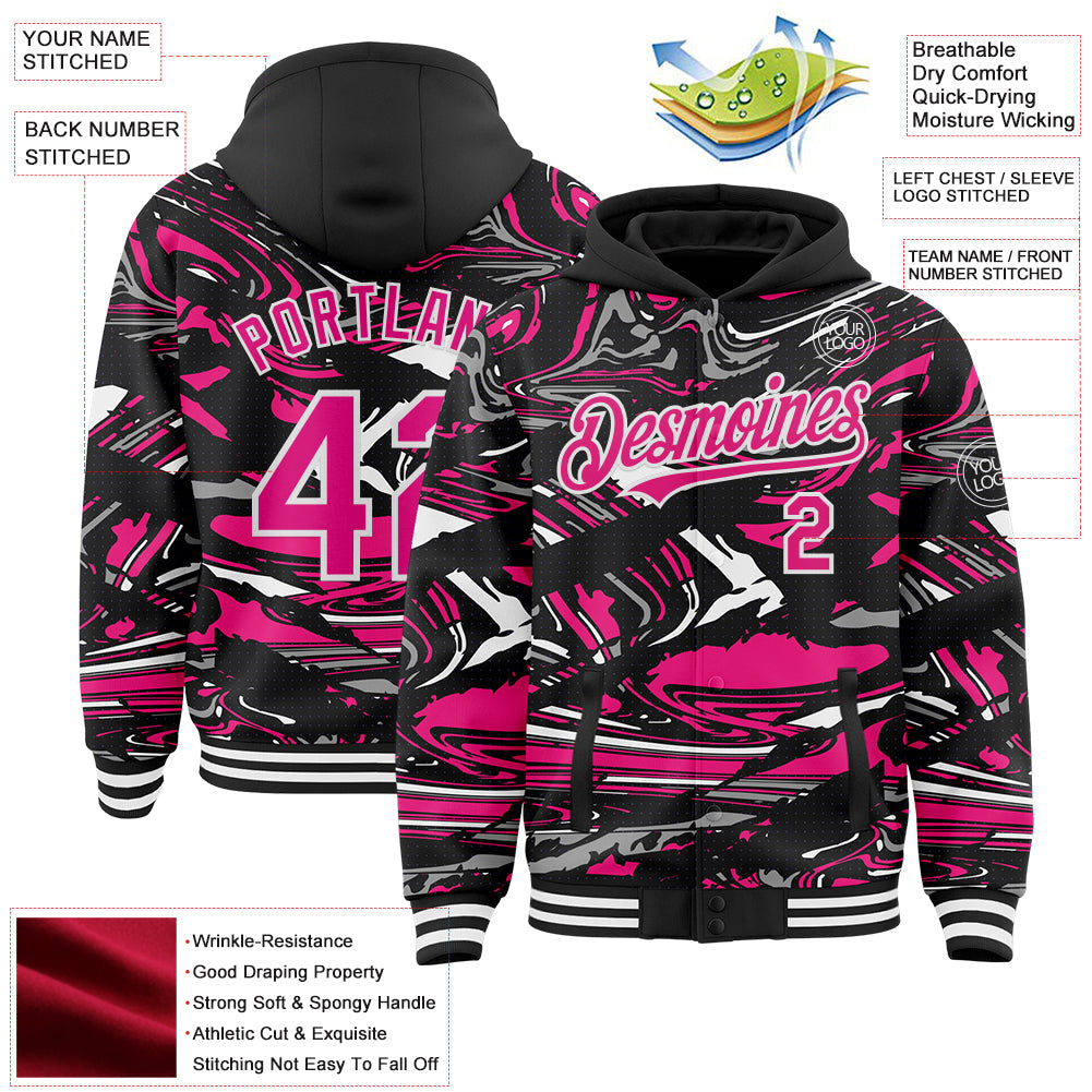 Custom Figure Hot Pink Black-White Fluid Pattern Bomber Full-Snap Varsity Letterman Hoodie Jacket view 4