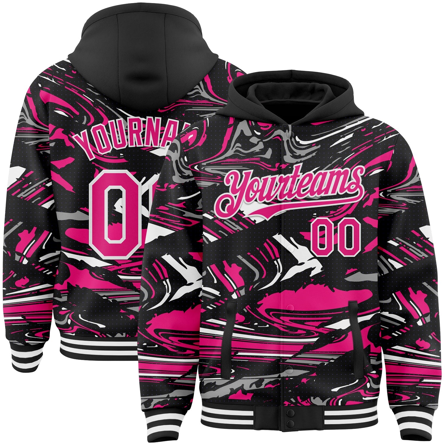 Custom Figure Hot Pink Black-White Fluid Pattern Bomber Full-Snap Varsity Letterman Hoodie Jacket - Main View