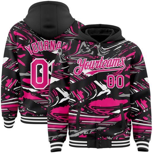 Custom Figure Hot Pink Black-White Fluid Pattern Bomber Full-Snap Varsity Letterman Hoodie Jacket - Main View