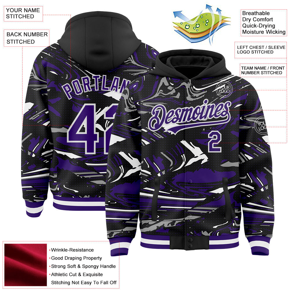 Custom Figure Purple Black-White Fluid Pattern Bomber Full-Snap Varsity Letterman Hoodie Jacket view 4