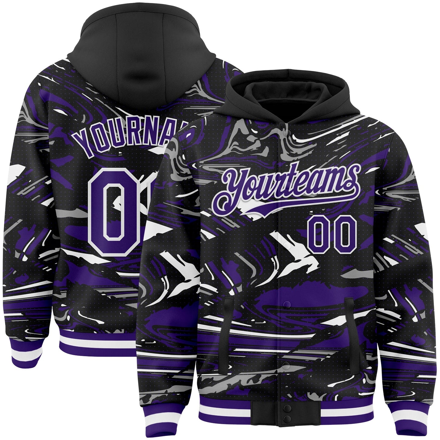 Custom Figure Purple Black-White Fluid Pattern Bomber Full-Snap Varsity Letterman Hoodie Jacket - Main View