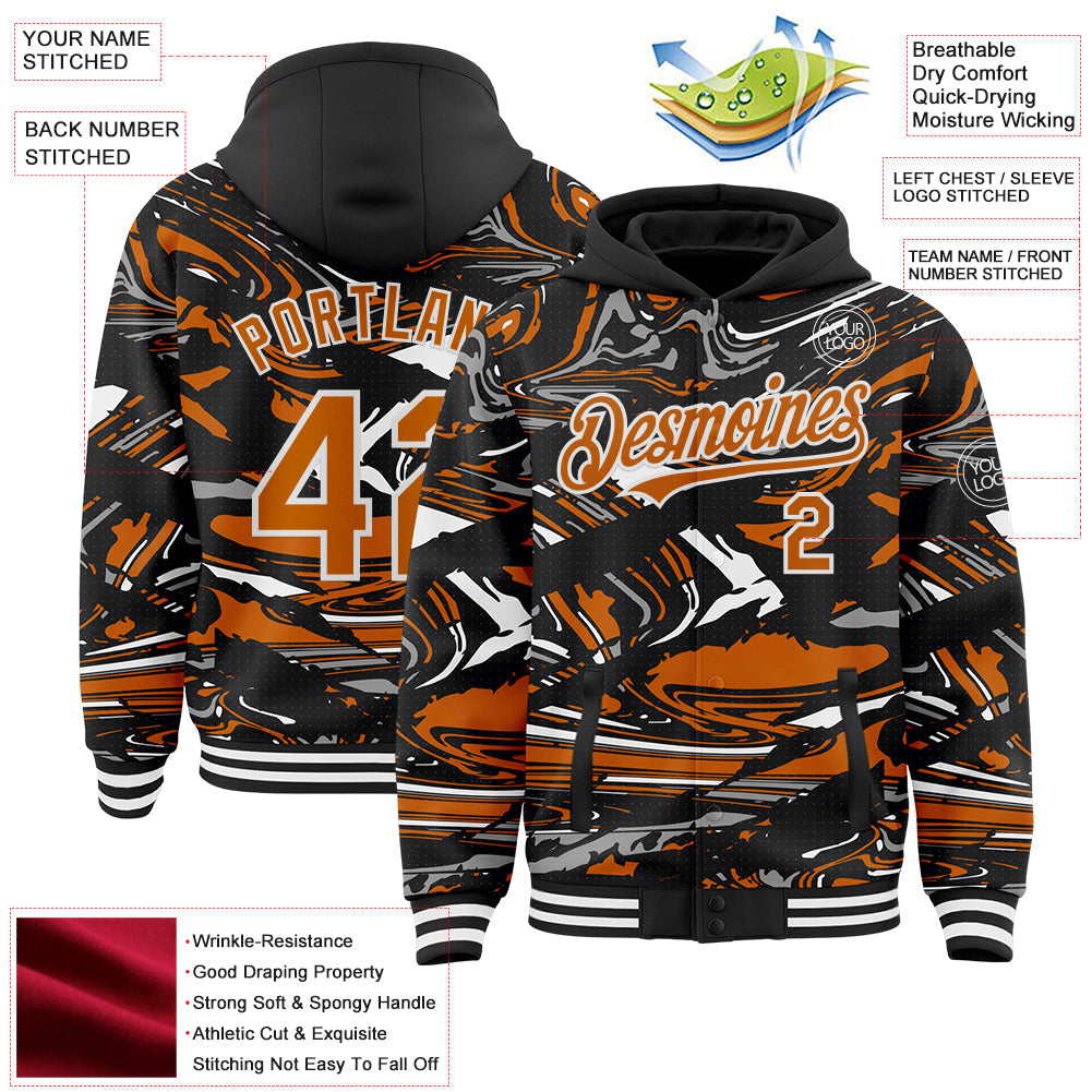 Custom Figure Texas Orange Black-White Fluid Pattern Bomber Full-Snap Varsity Letterman Hoodie Jacket view 4