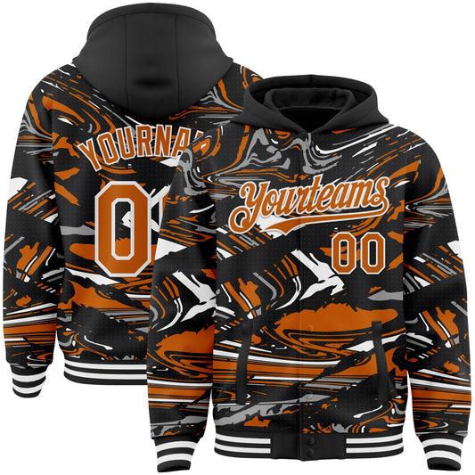 Custom Figure Texas Orange Black-White Fluid Pattern Bomber Full-Snap Varsity Letterman Hoodie Jacket - Main View