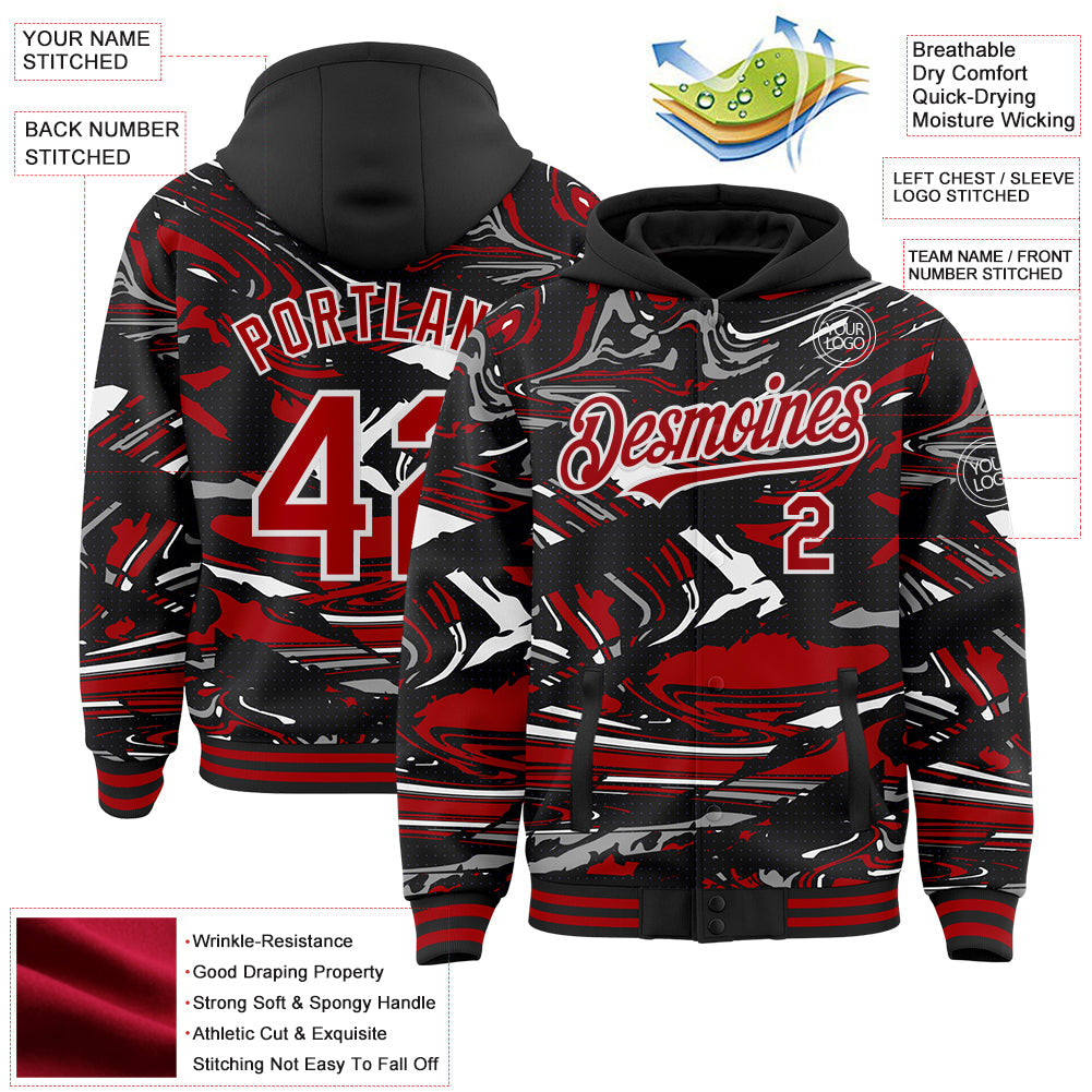 Custom Figure Red Black-White Fluid Pattern Bomber Full-Snap Varsity Letterman Hoodie Jacket view 4