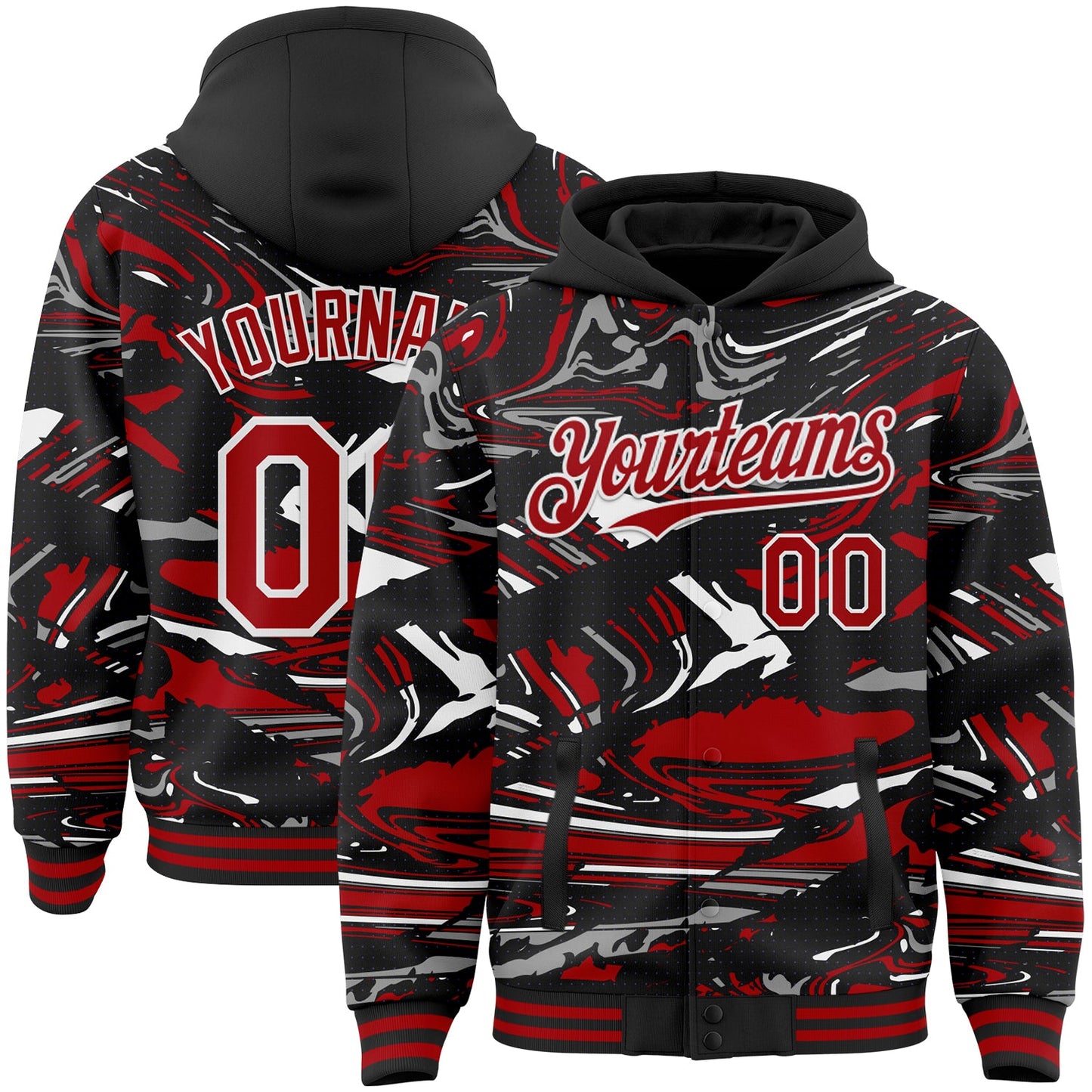Custom Figure Red Black-White Fluid Pattern Bomber Full-Snap Varsity Letterman Hoodie Jacket - Main View