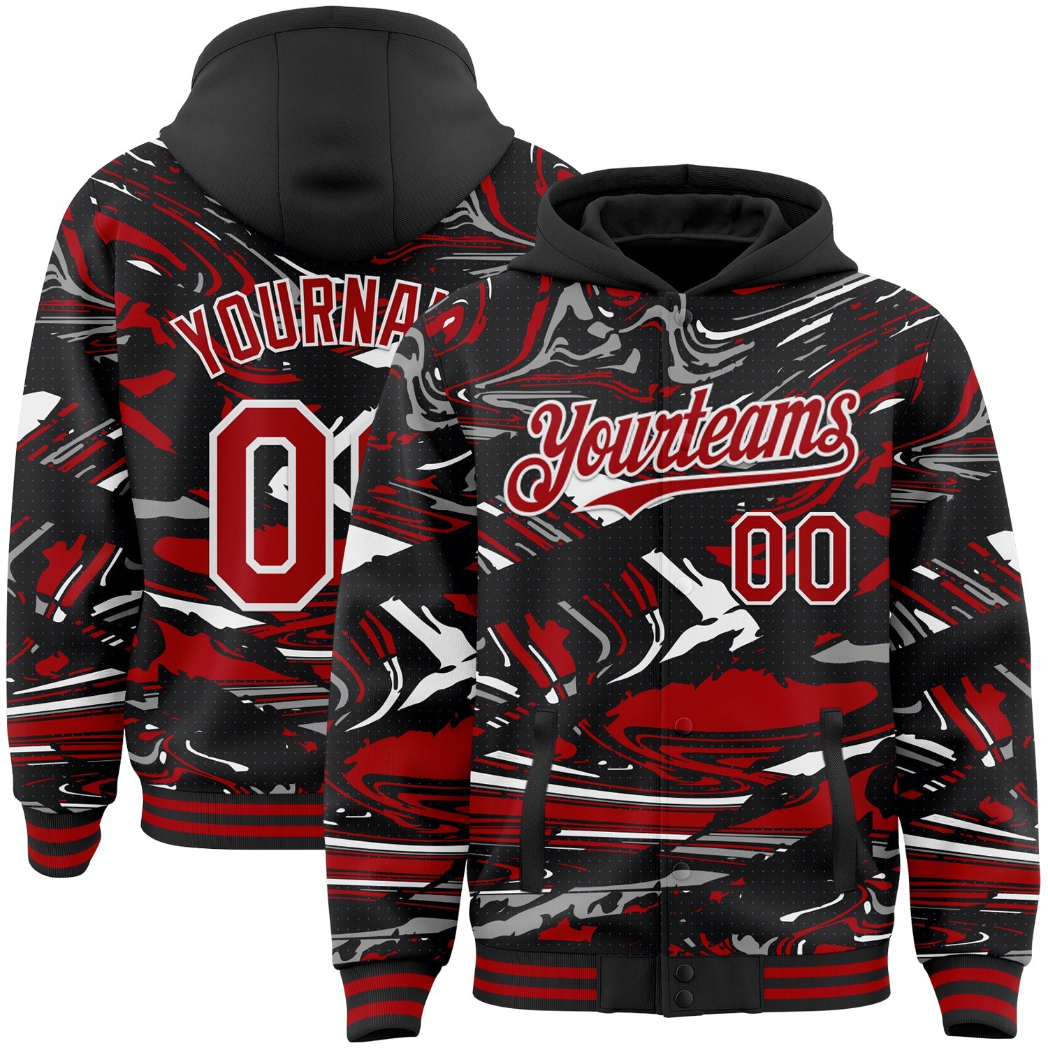 Custom Figure Red Black-White Fluid Pattern Bomber Full-Snap Varsity Letterman Hoodie Jacket - Main View