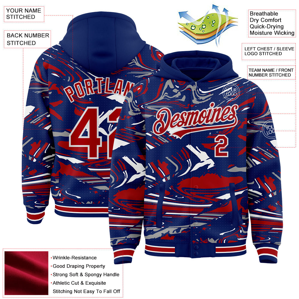 Custom Figure Red Royal-White Fluid Pattern Bomber Full-Snap Varsity Letterman Hoodie Jacket view 4