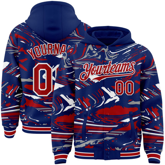Custom Figure Red Royal-White Fluid Pattern Bomber Full-Snap Varsity Letterman Hoodie Jacket - Main View