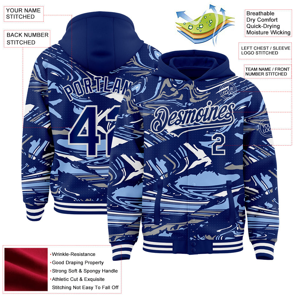 Custom Figure Royal Light Blue-White Fluid Pattern Bomber Full-Snap Varsity Letterman Hoodie Jacket view 4