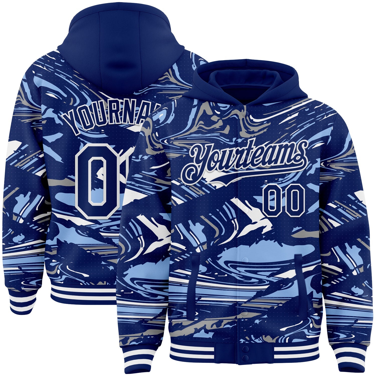 Custom Figure Royal Light Blue-White Fluid Pattern Bomber Full-Snap Varsity Letterman Hoodie Jacket - Main View