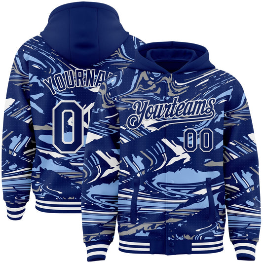 Custom Figure Royal Light Blue-White Fluid Pattern Bomber Full-Snap Varsity Letterman Hoodie Jacket - Main View