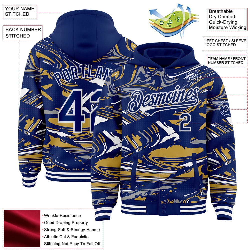 Custom Figure Royal Old Gold-White Fluid Pattern Bomber Full-Snap Varsity Letterman Hoodie Jacket view 4