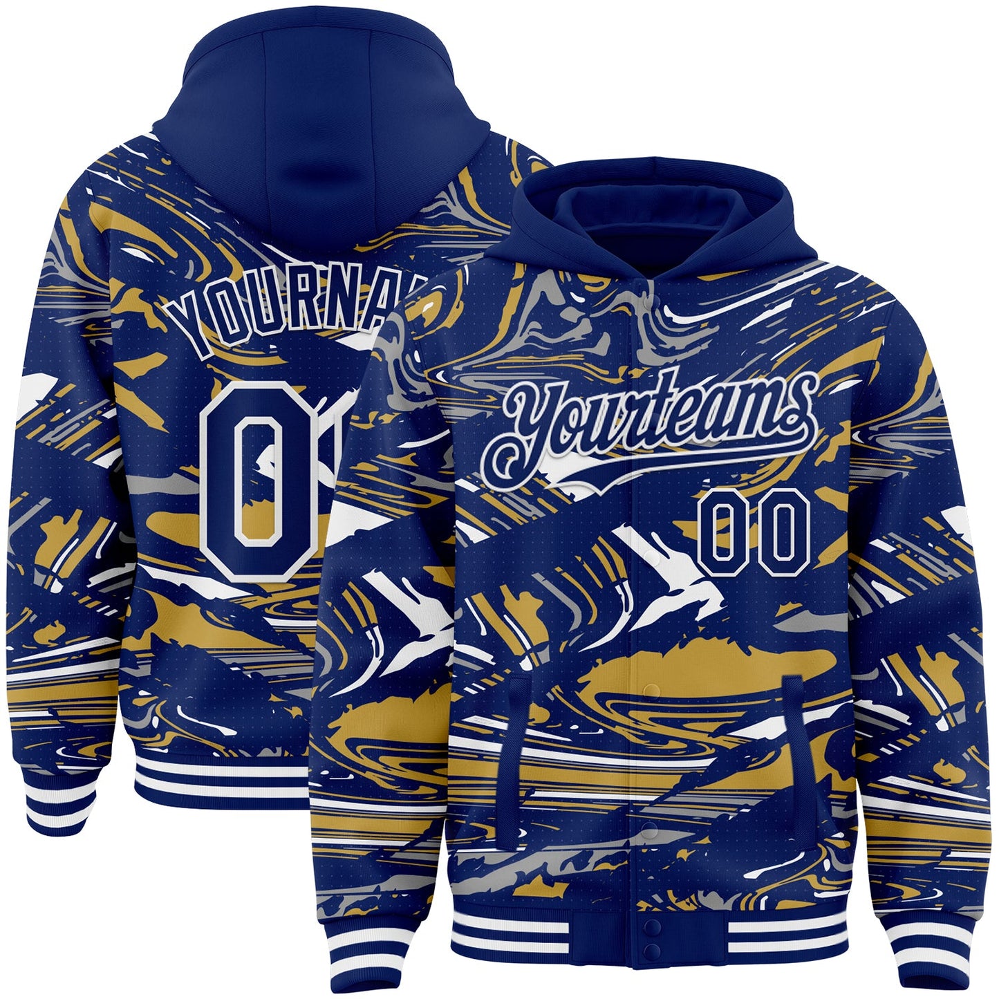 Custom Figure Royal Old Gold-White Fluid Pattern Bomber Full-Snap Varsity Letterman Hoodie Jacket - Main View
