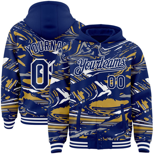Custom Figure Royal Old Gold-White Fluid Pattern Bomber Full-Snap Varsity Letterman Hoodie Jacket - Main View