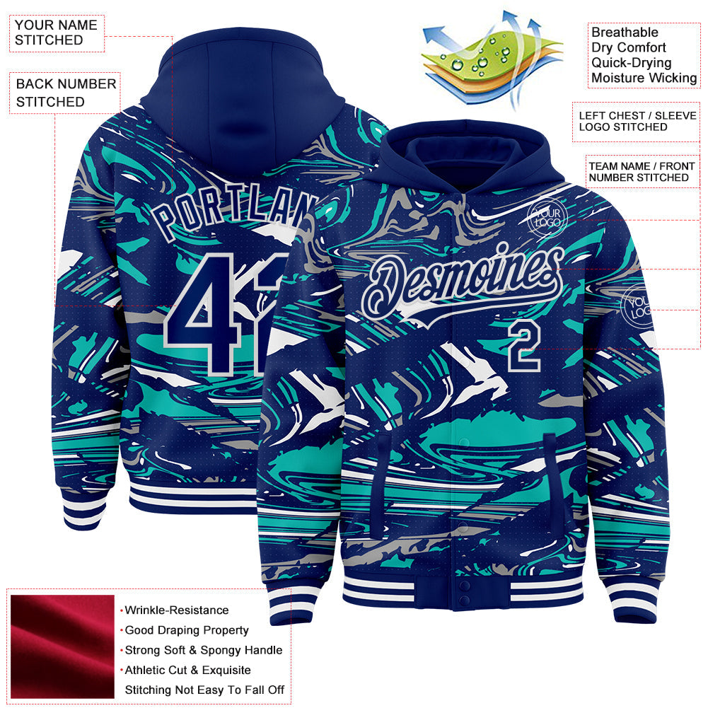 Custom Figure Royal Aqua-White Fluid Pattern Bomber Full-Snap Varsity Letterman Hoodie Jacket view 4
