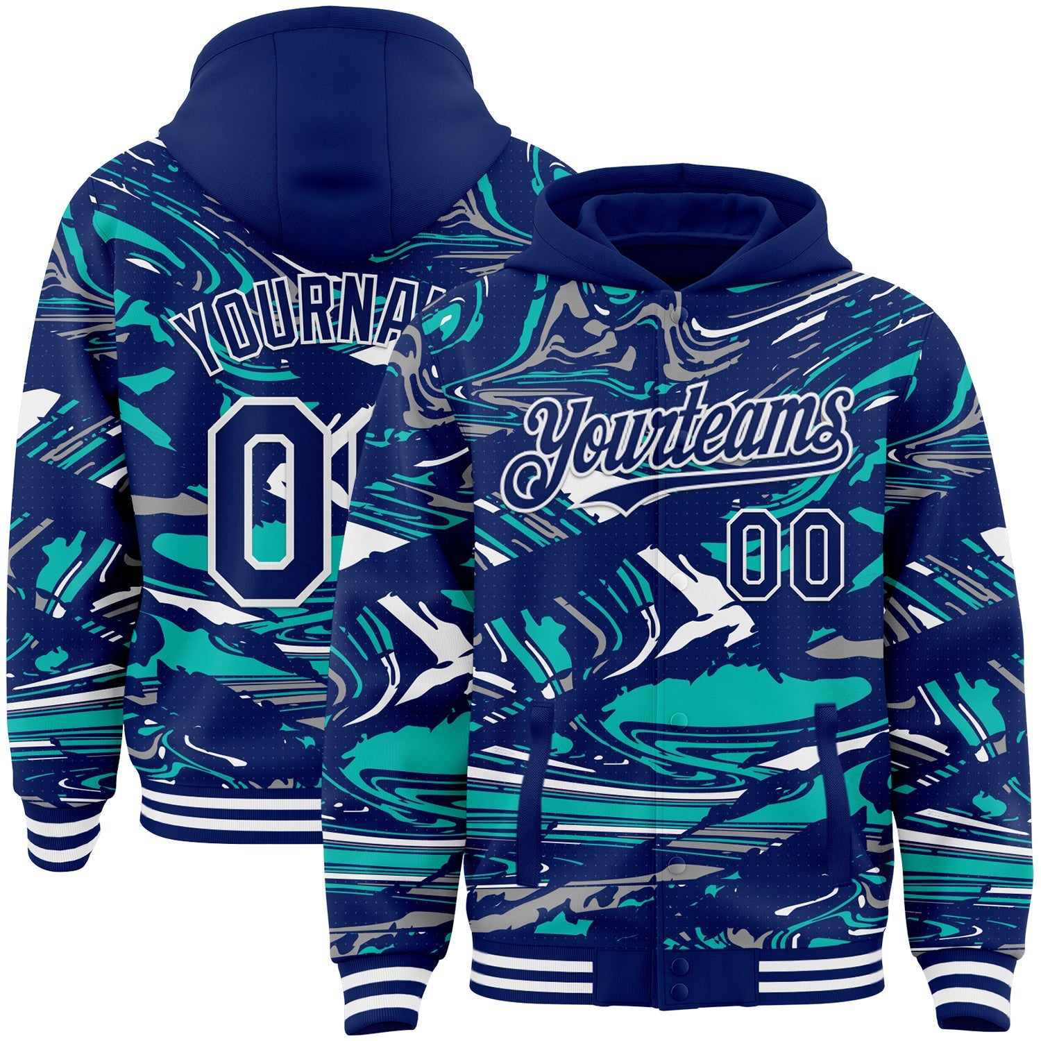 Custom Figure Royal Aqua-White Fluid Pattern Bomber Full-Snap Varsity Letterman Hoodie Jacket - Main View