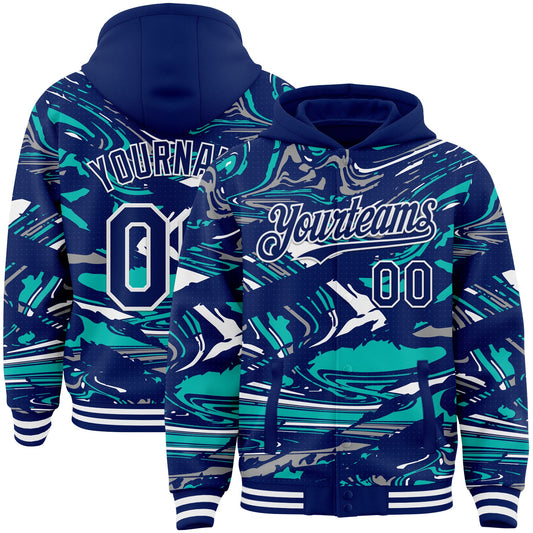 Custom Figure Royal Aqua-White Fluid Pattern Bomber Full-Snap Varsity Letterman Hoodie Jacket - Main View