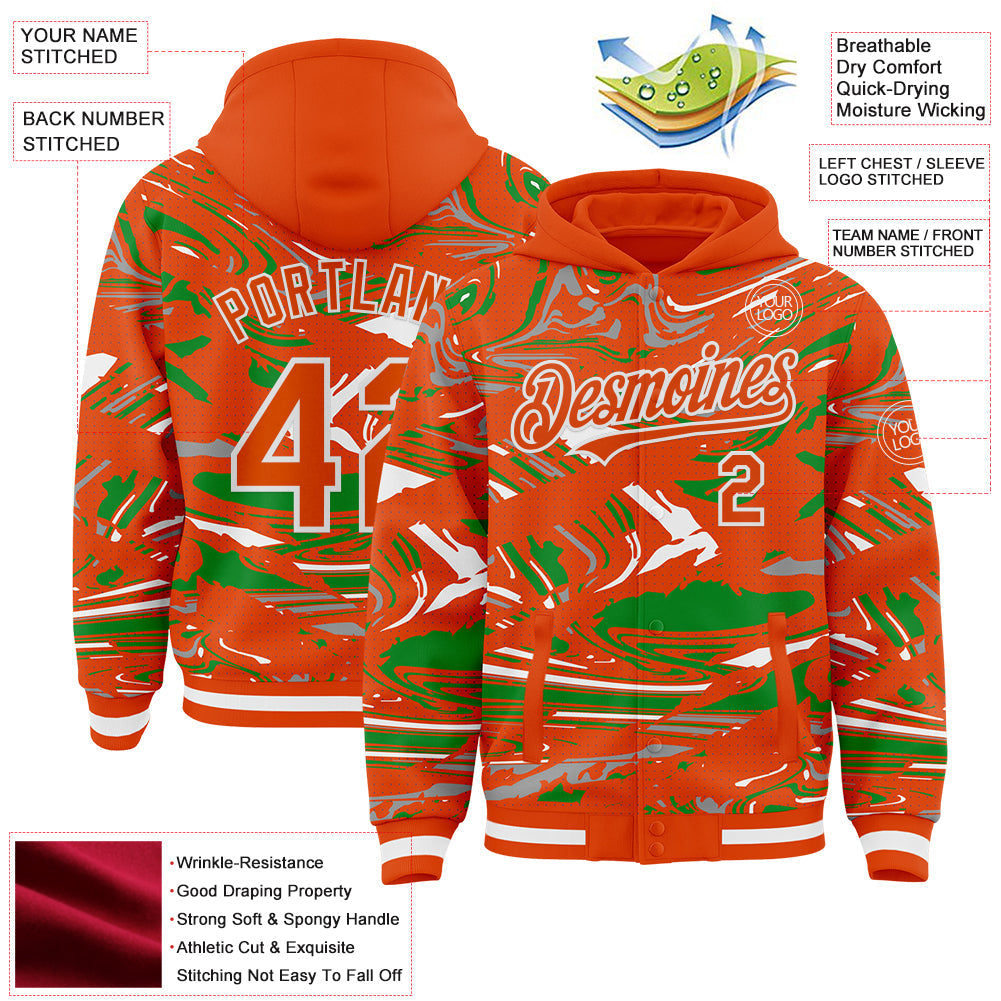 Custom Figure Orange Grass Green-White Fluid Pattern Bomber Full-Snap Varsity Letterman Hoodie Jacket view 4