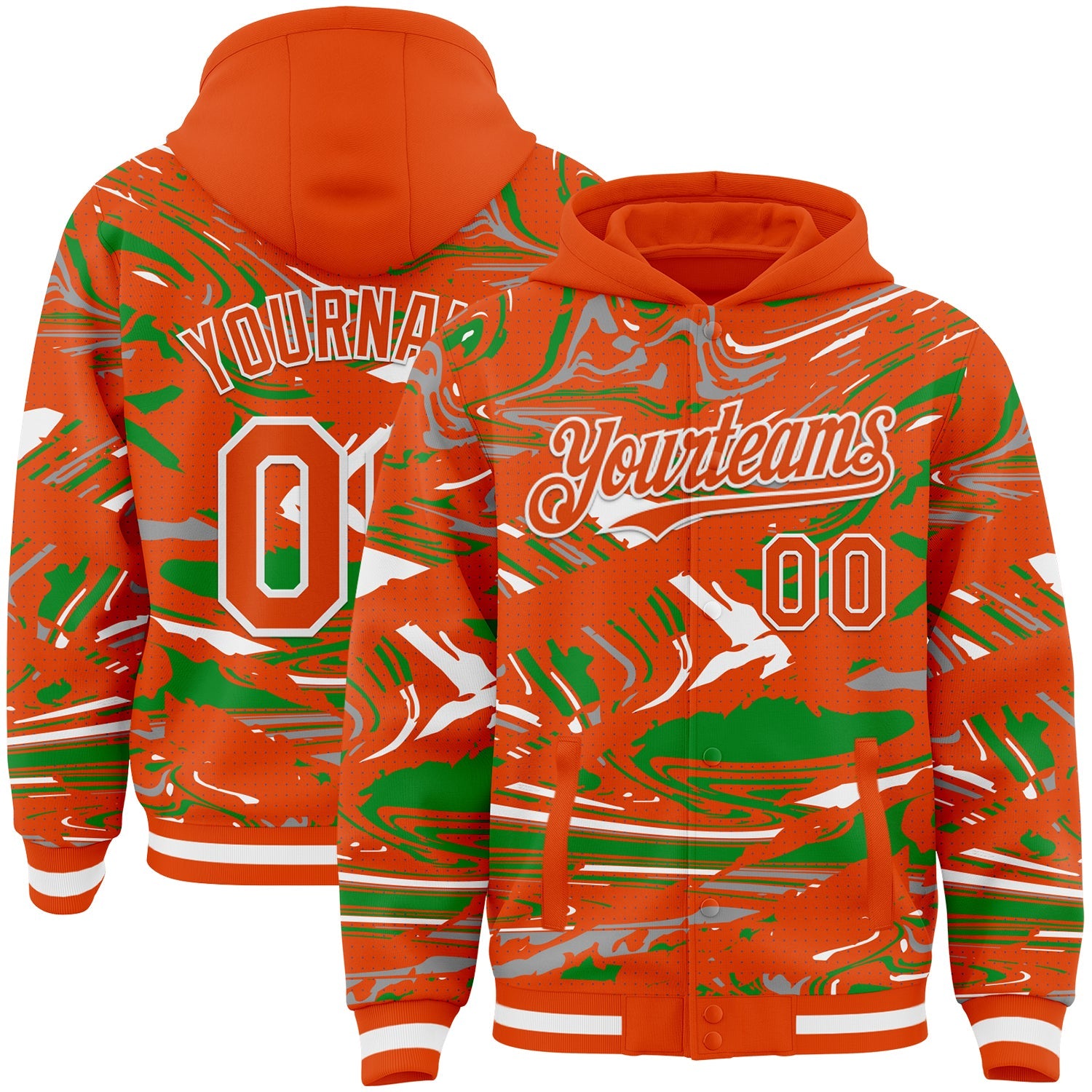 Custom Figure Orange Grass Green-White Fluid Pattern Bomber Full-Snap Varsity Letterman Hoodie Jacket - Main View