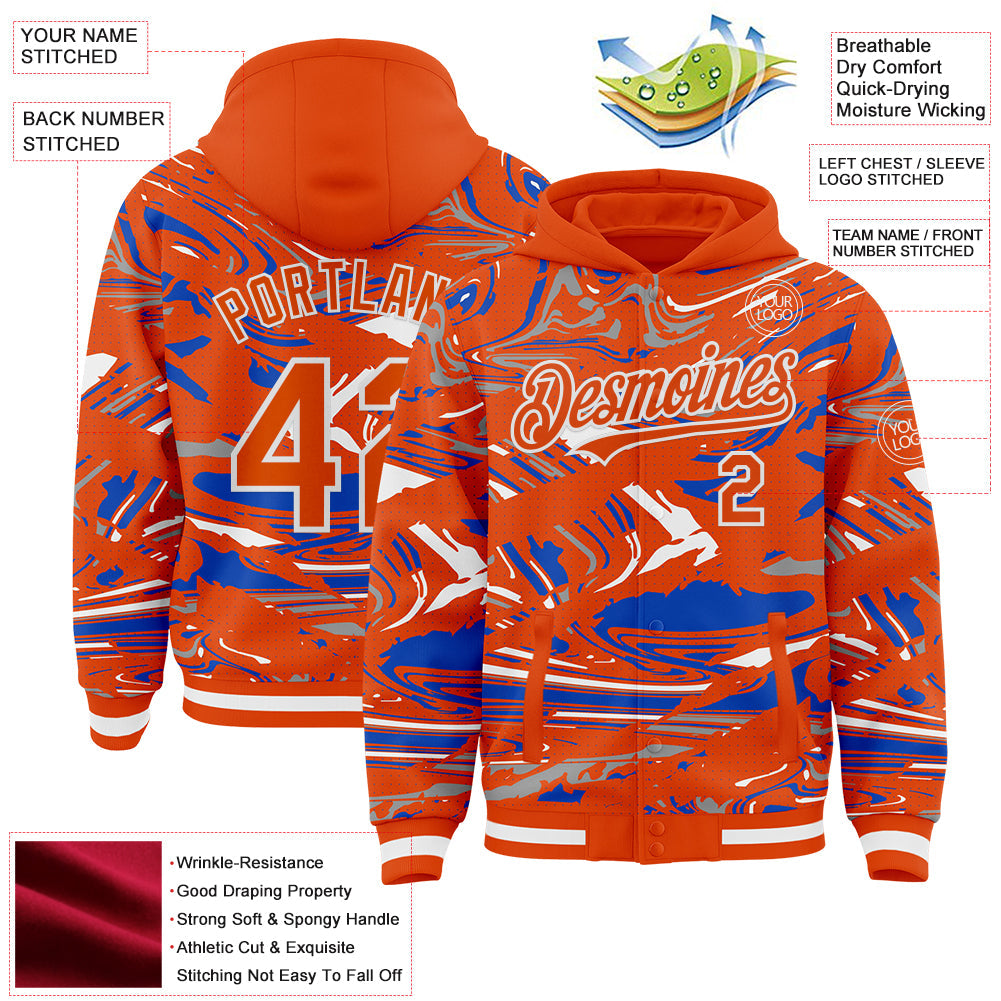 Custom Figure Orange Thunder Blue-White Fluid Pattern Bomber Full-Snap Varsity Letterman Hoodie Jacket view 4