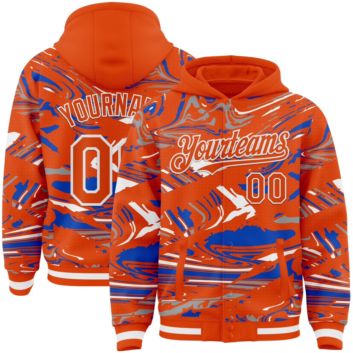 Custom Figure Orange Thunder Blue-White Fluid Pattern Bomber Full-Snap Varsity Letterman Hoodie Jacket - Main View