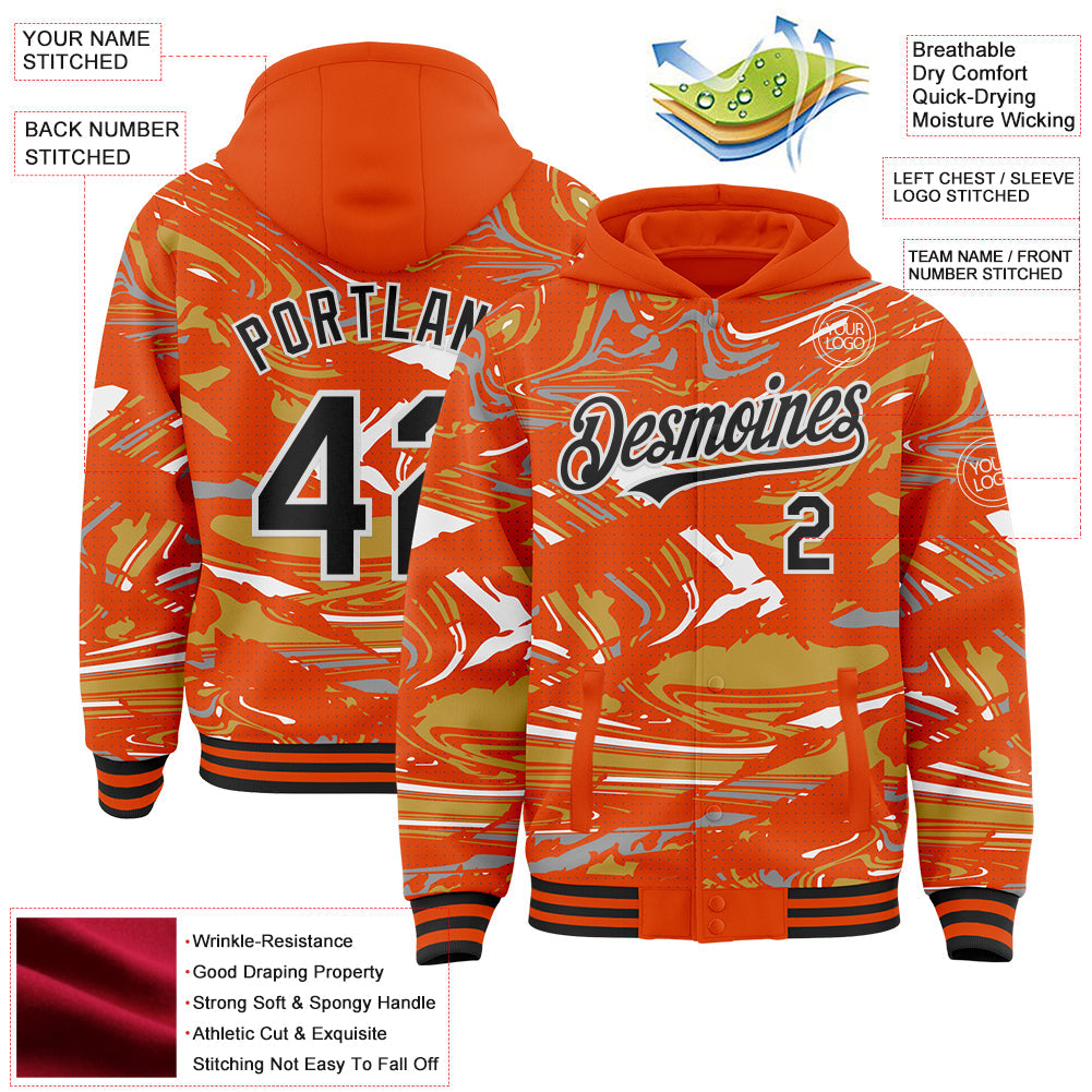 Custom Figure Black Orange Old Gold-White Fluid Pattern Bomber Full-Snap Varsity Letterman Hoodie Jacket view 4