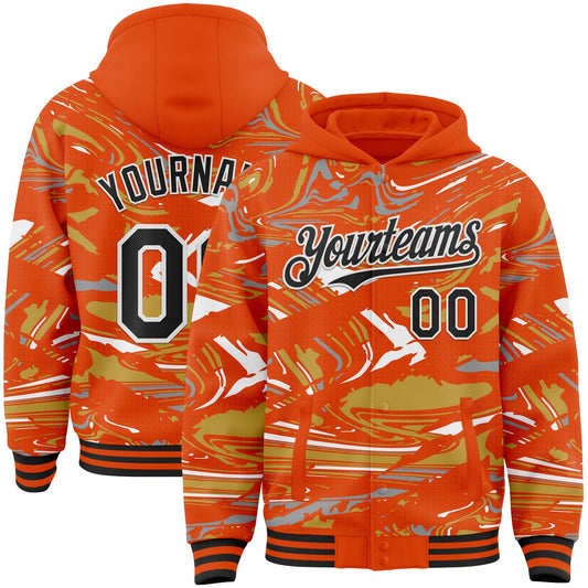 Custom Figure Black Orange Old Gold-White Fluid Pattern Bomber Full-Snap Varsity Letterman Hoodie Jacket - Main View