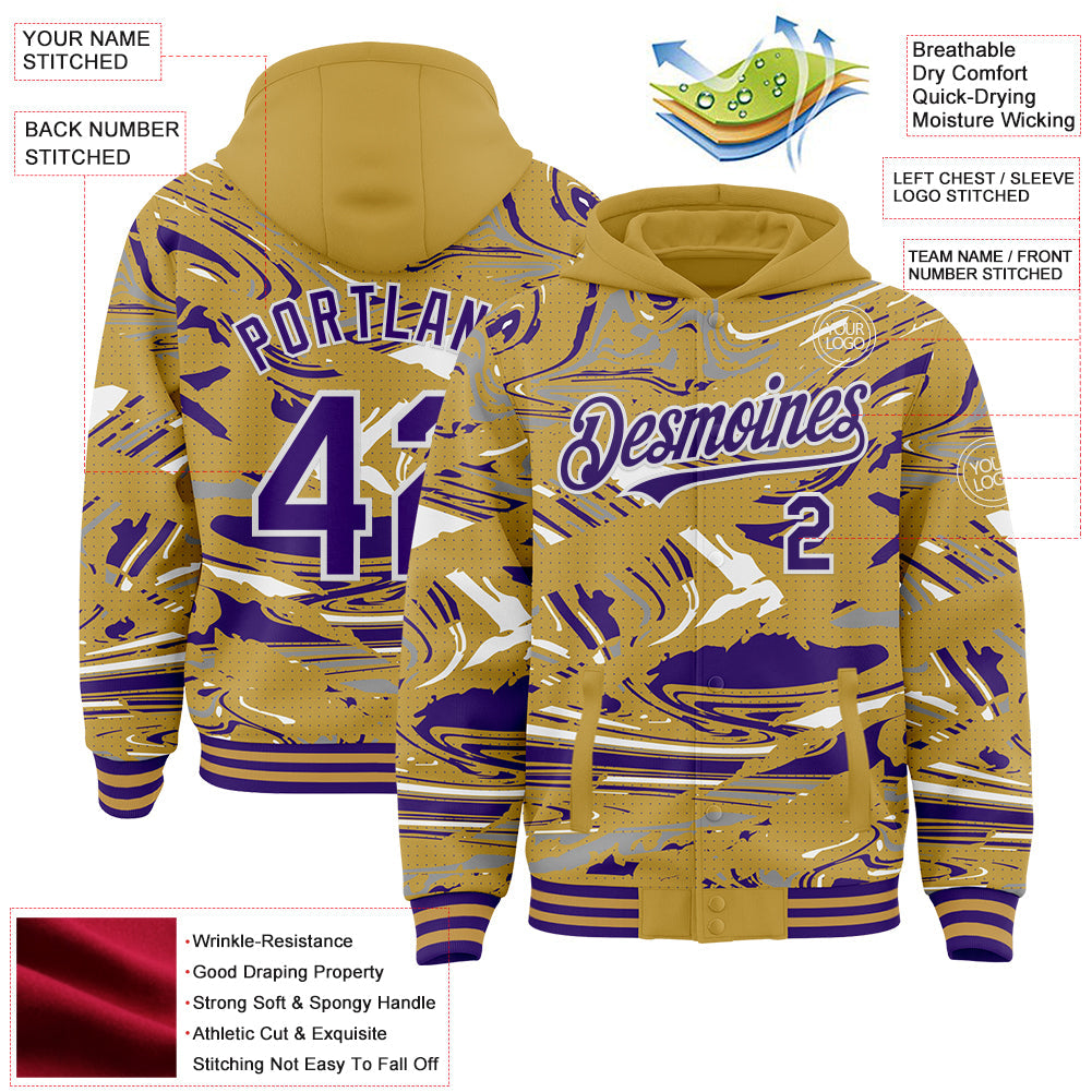 Custom Figure Purple Old Gold-White Fluid Pattern Bomber Full-Snap Varsity Letterman Hoodie Jacket view 4