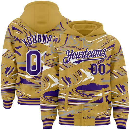 Custom Figure Purple Old Gold-White Fluid Pattern Bomber Full-Snap Varsity Letterman Hoodie Jacket - Main View