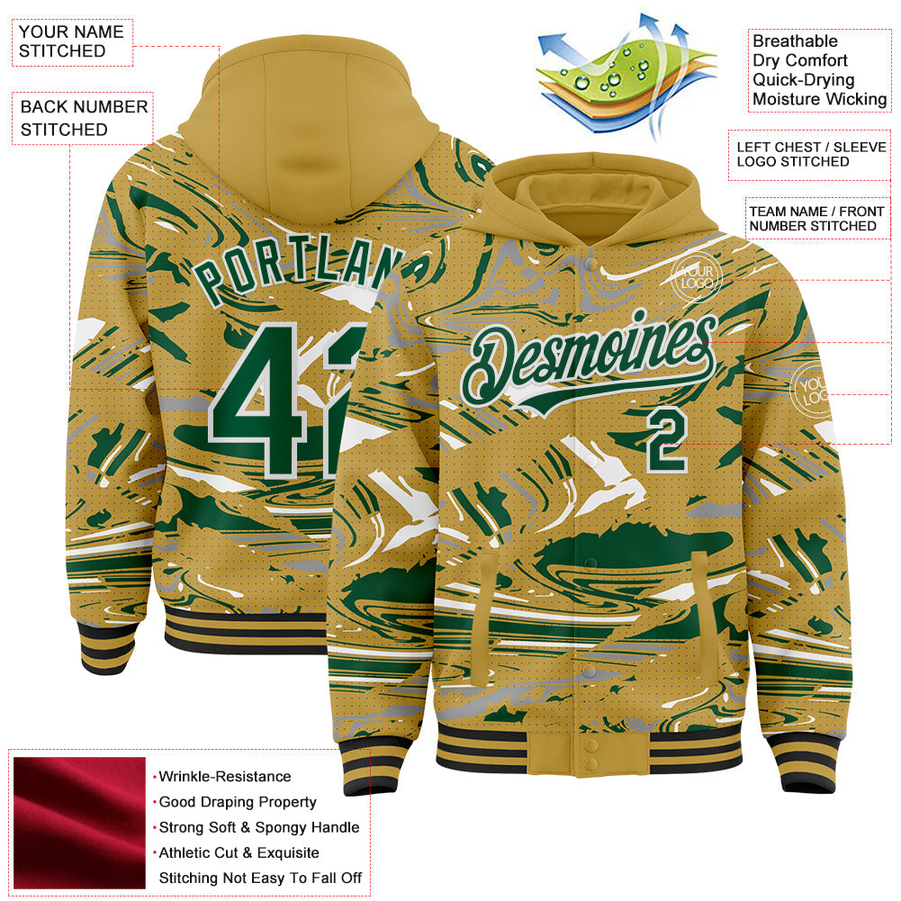 Custom Figure Kelly Green Old Gold Black-White Fluid Pattern Bomber Full-Snap Varsity Letterman Hoodie Jacket view 4