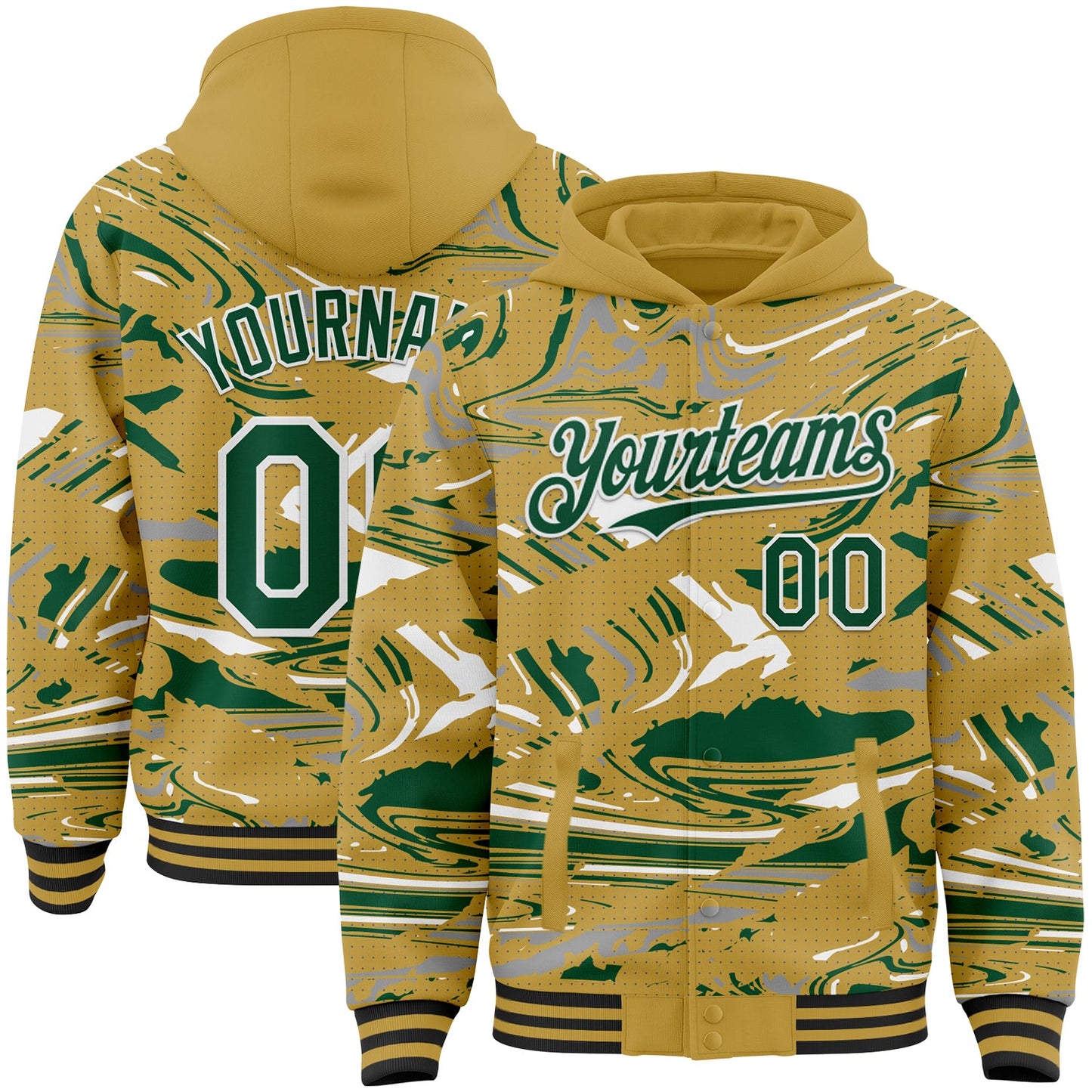 Custom Figure Kelly Green Old Gold Black-White Fluid Pattern Bomber Full-Snap Varsity Letterman Hoodie Jacket - Main View